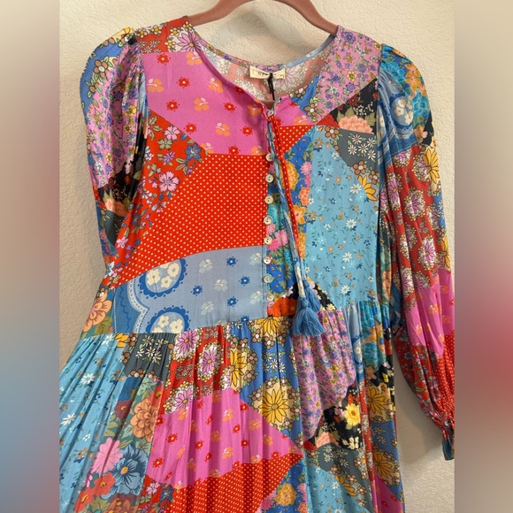 NWT SPELL Cha Cha Boho Patchwork Print Peasant Midi Dress in Multi Sz Small - Picture 13 of 16